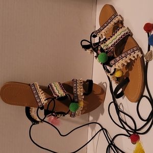 Pom pom tassel wrap sandals size 10